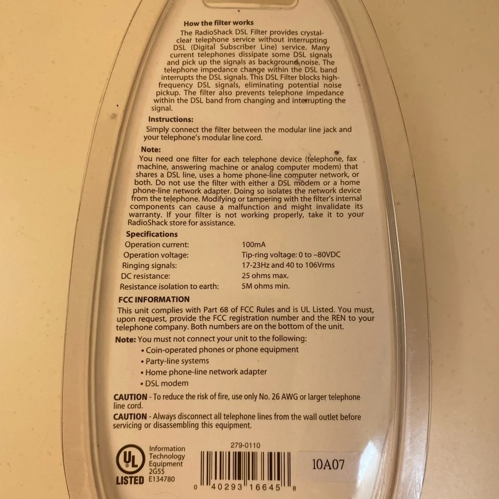 RadioShack #279–110 2Line DSL Modular Filter NEW Unopened Vintage